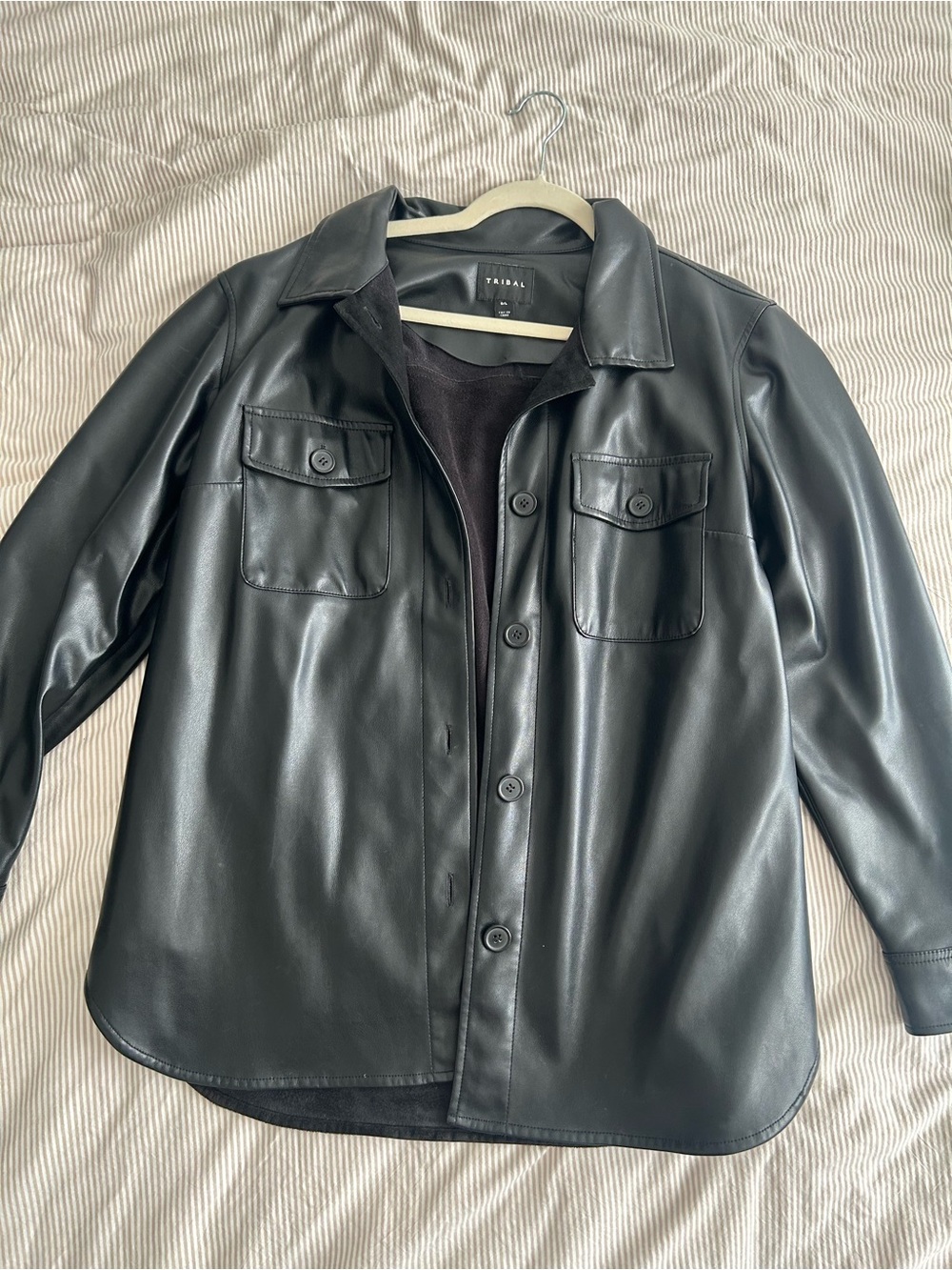 Tribal Black Faux Leather Button-Up Jacket